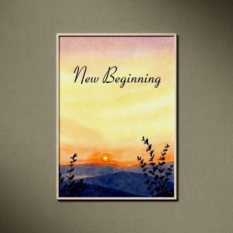 Framed motivational artwork titled 'New Beginning' depicting a serene sunrise over mountains with plants in the foreground. Suitable for home decor, luxury houses, and self-healing spaces. Art type: watercolor painting, Art style: contemporary.