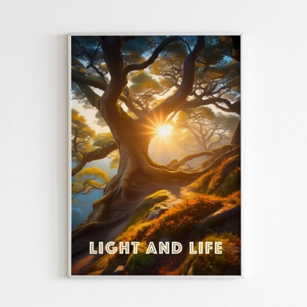 Sunlit tree with a motivational message 'Light and Life' showcasing a serene natural landscape. Ideal for home decor, available in various frames including economic and luxury options. Perfect for motivation and self-healing.