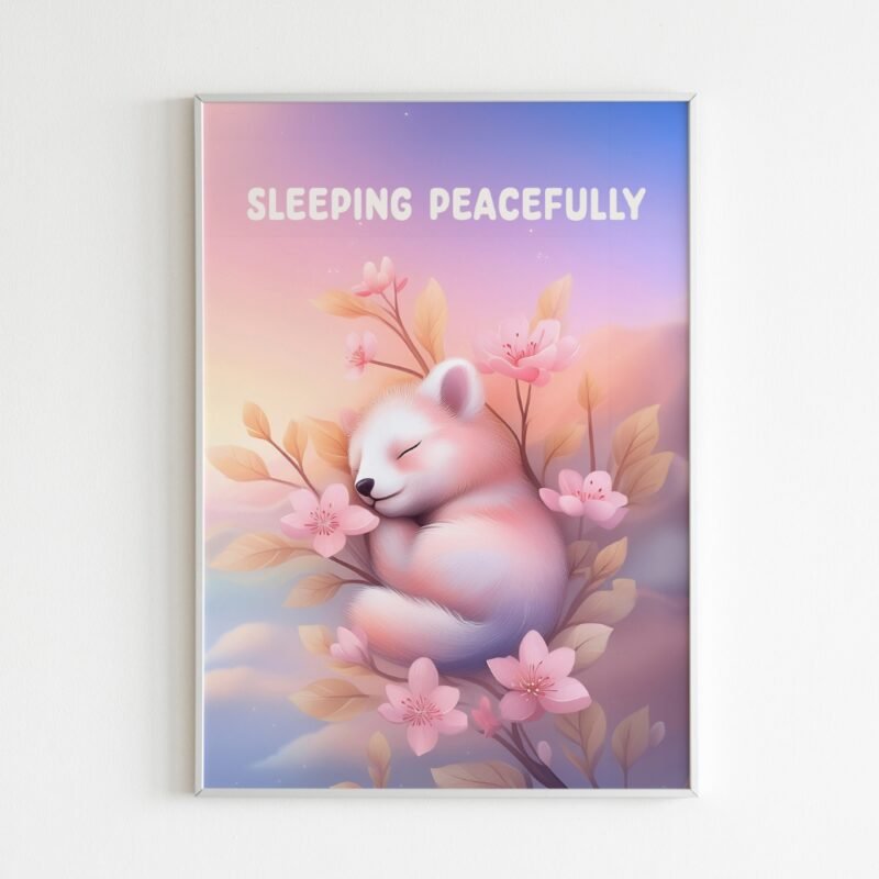 Sleeping Peacefully wall frame featuring a serene bear illustration among cherry blossoms, perfect for home decor. Economically priced, suitable for luxury homes, and promoting relaxation and positivity.