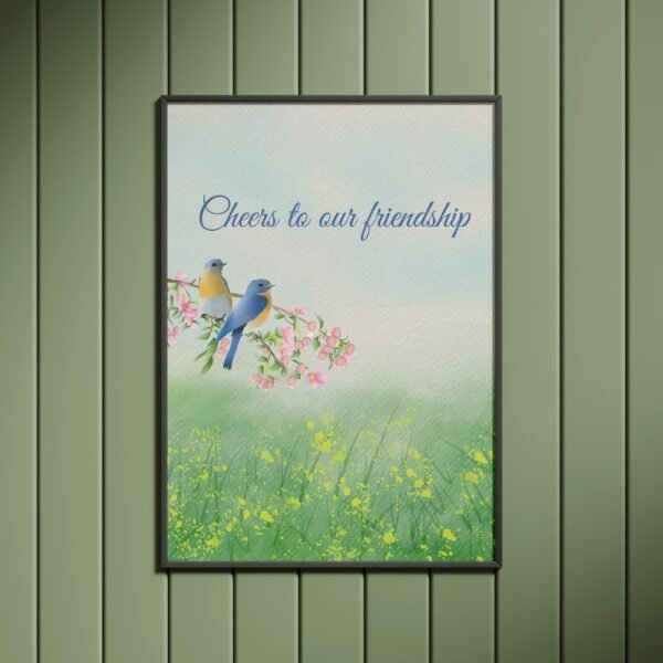 Cheers to our friendship wall frame with two birds on a branch, suitable for home decor.