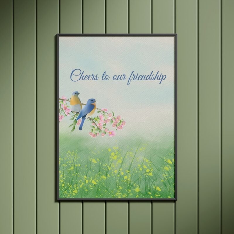 Cheers to our friendship wall frame with two birds on a branch, suitable for home decor.