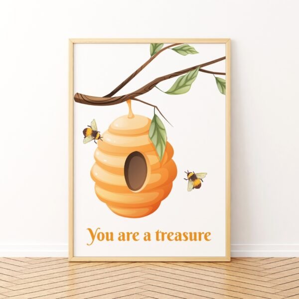 Bees and beehive wall frame with 'You are a treasure' message""Motivational wall frame for home decor""Luxury wall frame with nature art style""Economic wall frame for budget-friendly home decor