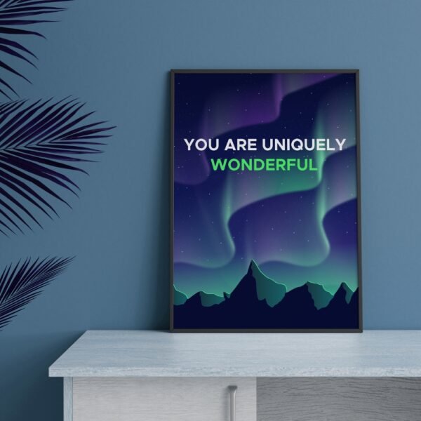 Decorative wall frame with the text 'You Are Uniquely Wonderful' displayed against a backdrop resembling the Northern Lights, perfect for home or luxury house decor, featuring motivational and self-healing messages