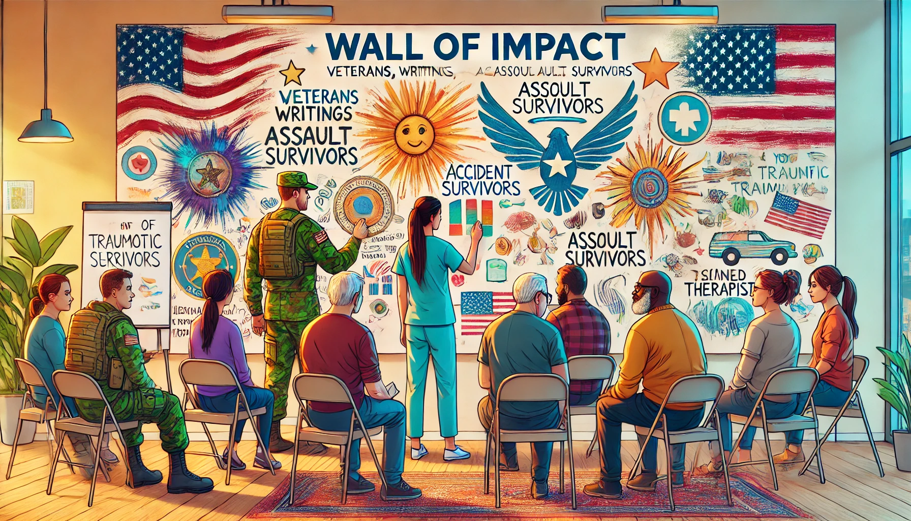 DALL·E 2024-07-17 14.54.42 - A diverse group of people, including veterans, accident survivors, and assault survivors, interacting with a Wall of Impact