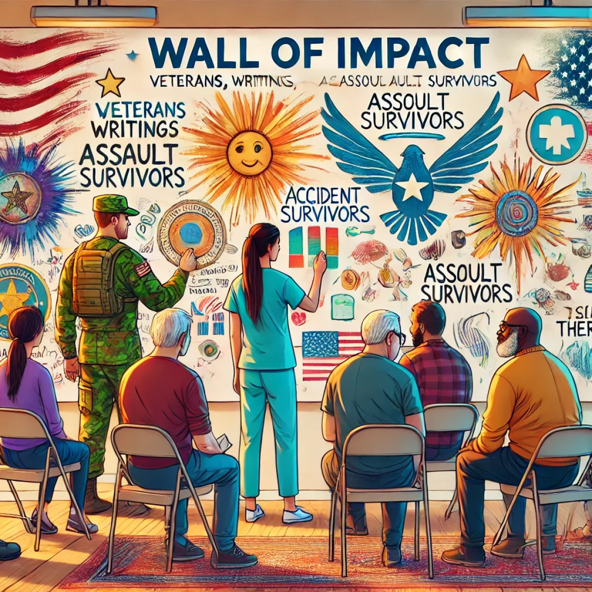 DALL·E 2024-07-17 14.54.42 - A diverse group of people, including veterans, accident survivors, and assault survivors, interacting with a Wall of Impact. The wall features drawing